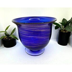 Glass Art Cobalt Blue & Speckled Gold Swirl Glass Bowl